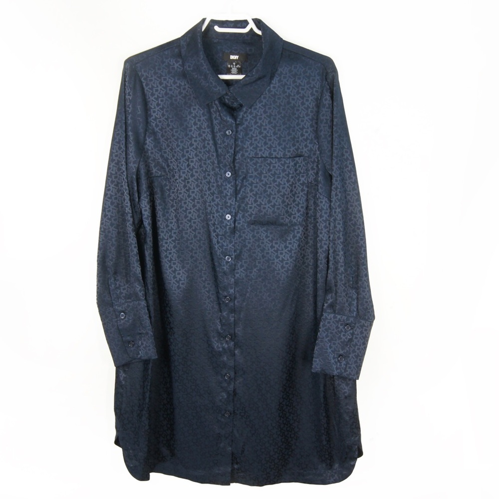 DKNY Navy Blue Satin Logo Button Up Long Sleeve Midi Shirt Dress